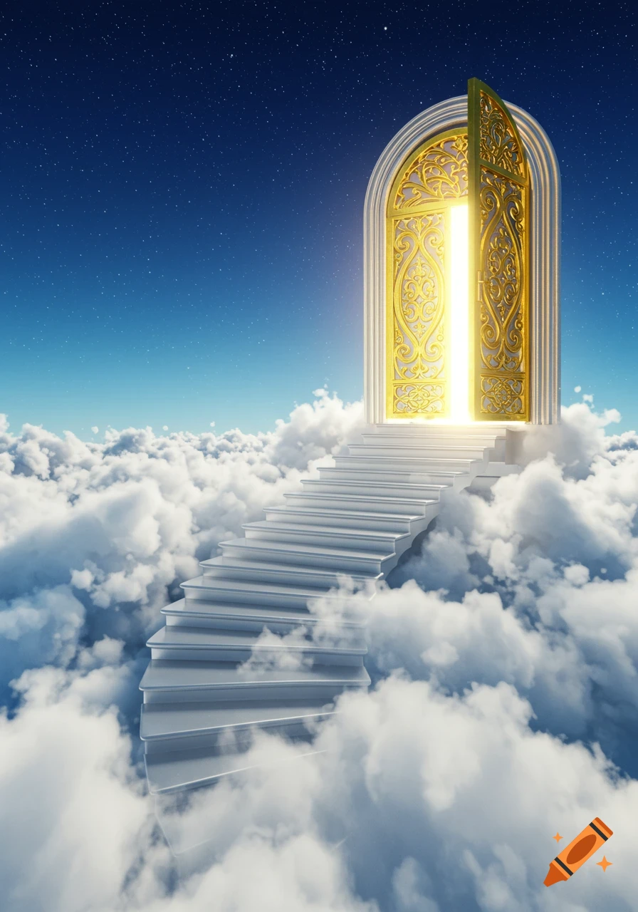 A white spiral staircase rises through white clouds to an ornate golden door glowing with light under a starry blue sky.