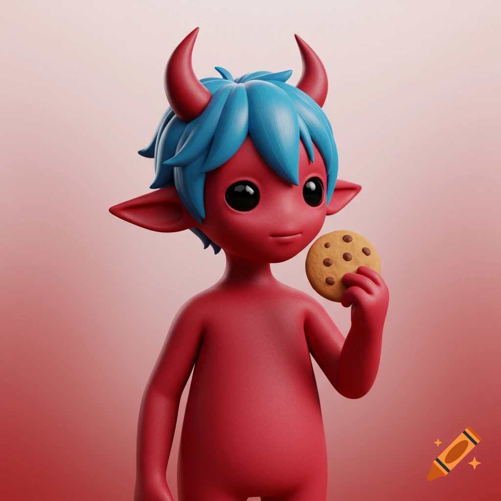 A cute, red, cartoon-like creature with blue hair, red horns, and black eyes, holding a chocolate chip cookie.