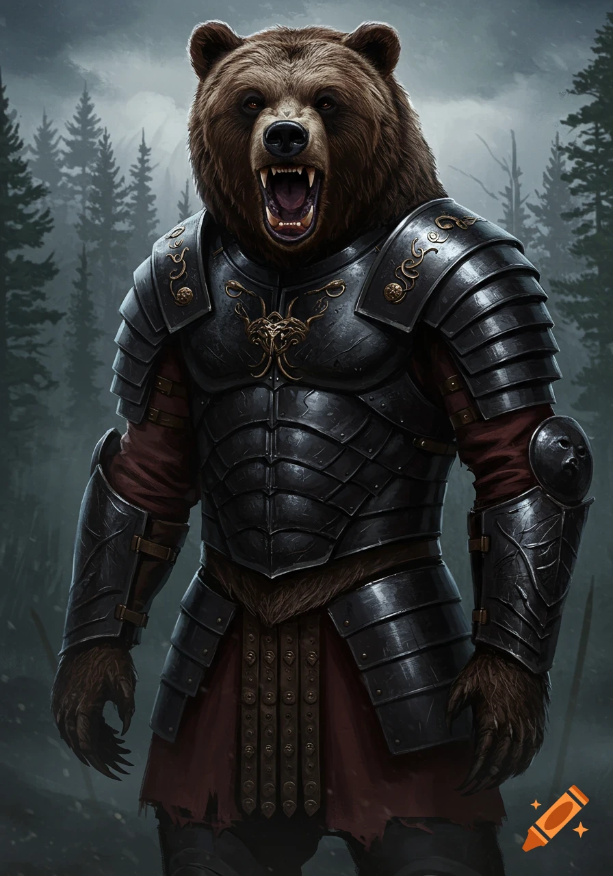 A majestic brown bear-headed warrior in dark, ornate armor stands in a misty forest, roaring with an open mouth.