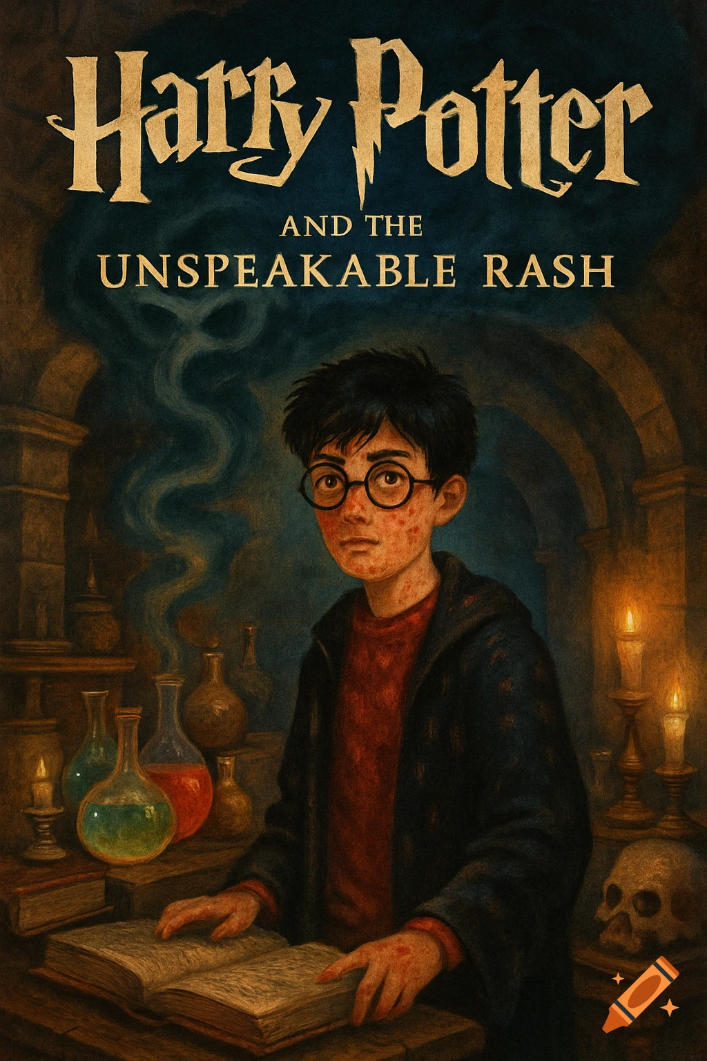 An illustration of Harry Potter with a rash on his face and hands, wearing a black robe and red shirt, standing over an open book with potions in a dark, magical room.