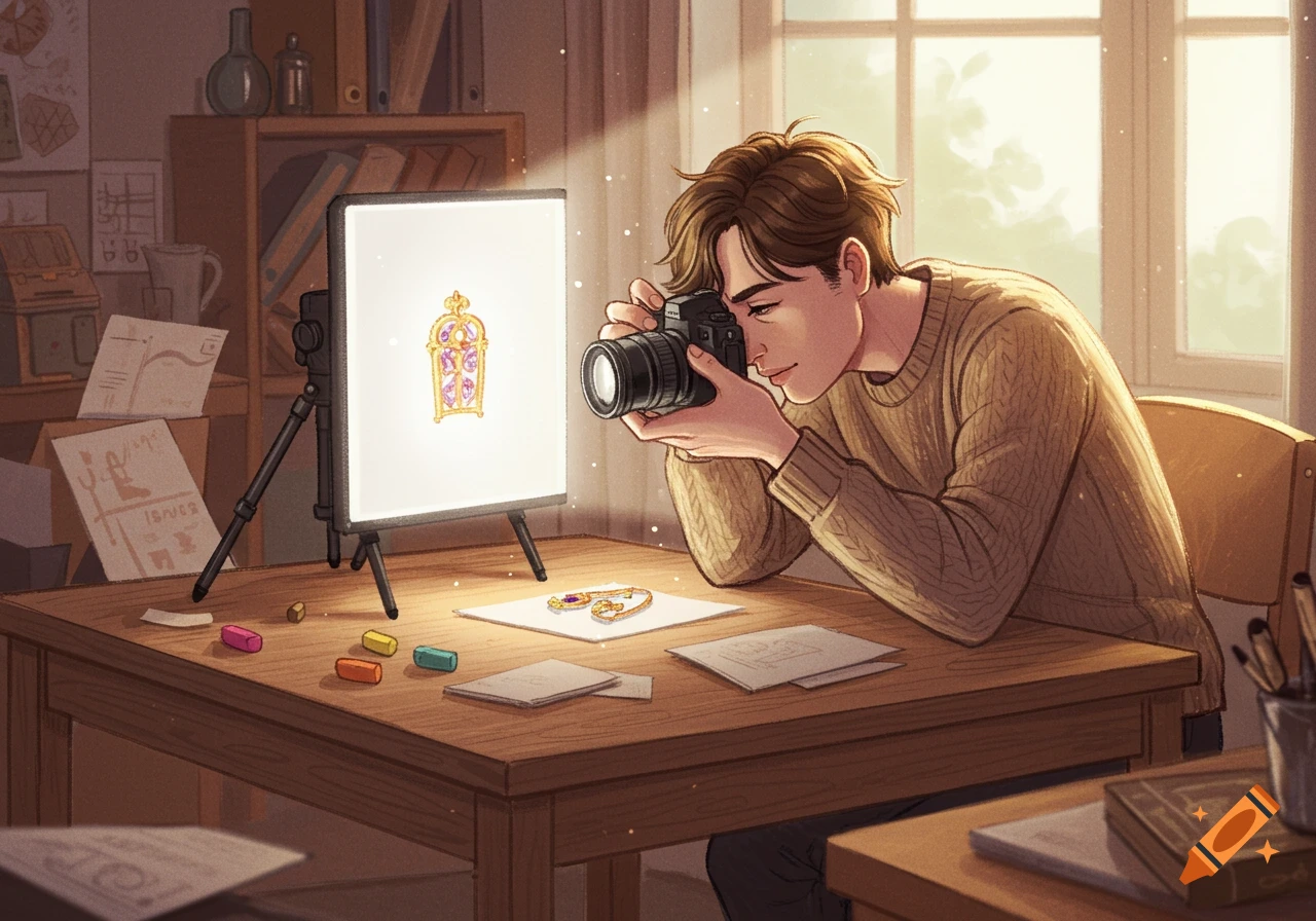 An illustrated man with brown hair and a sweater photographs a shiny trinket on a lightbox with a camera in a sunlit room.