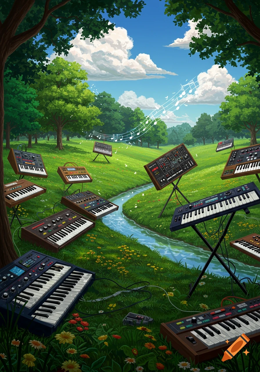 A vibrant illustration of numerous electronic synthesizers and keyboards scattered across a lush green park with a winding stream and trees under a cloudy blue sky.