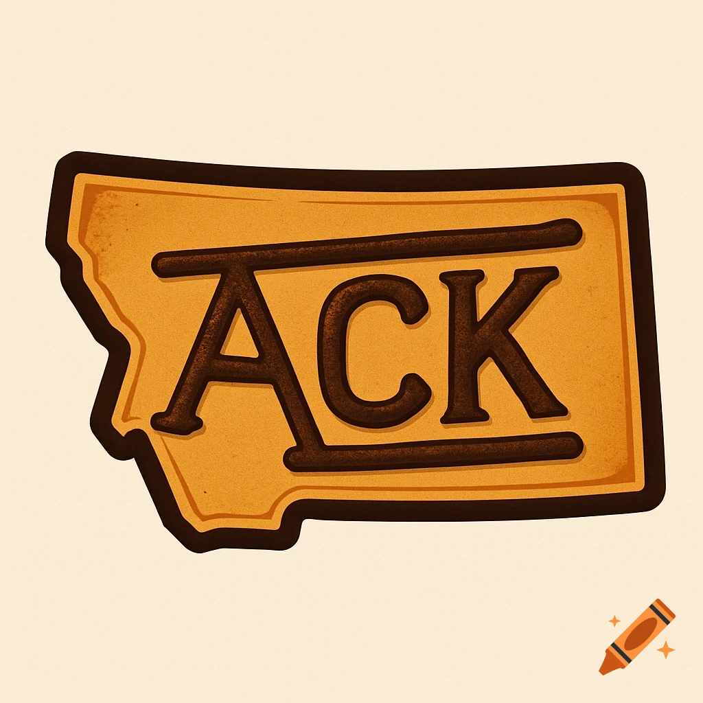 A vector logo showing the outline of Montana with the letters ACK stylized as a brown cowboy brand within it.
