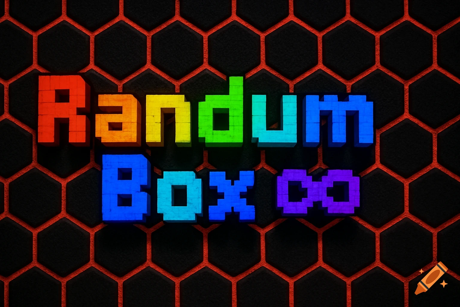 Rainbow pixel art text 'Randum Box' with an infinity symbol on a black hexagonal background with red outlines.
