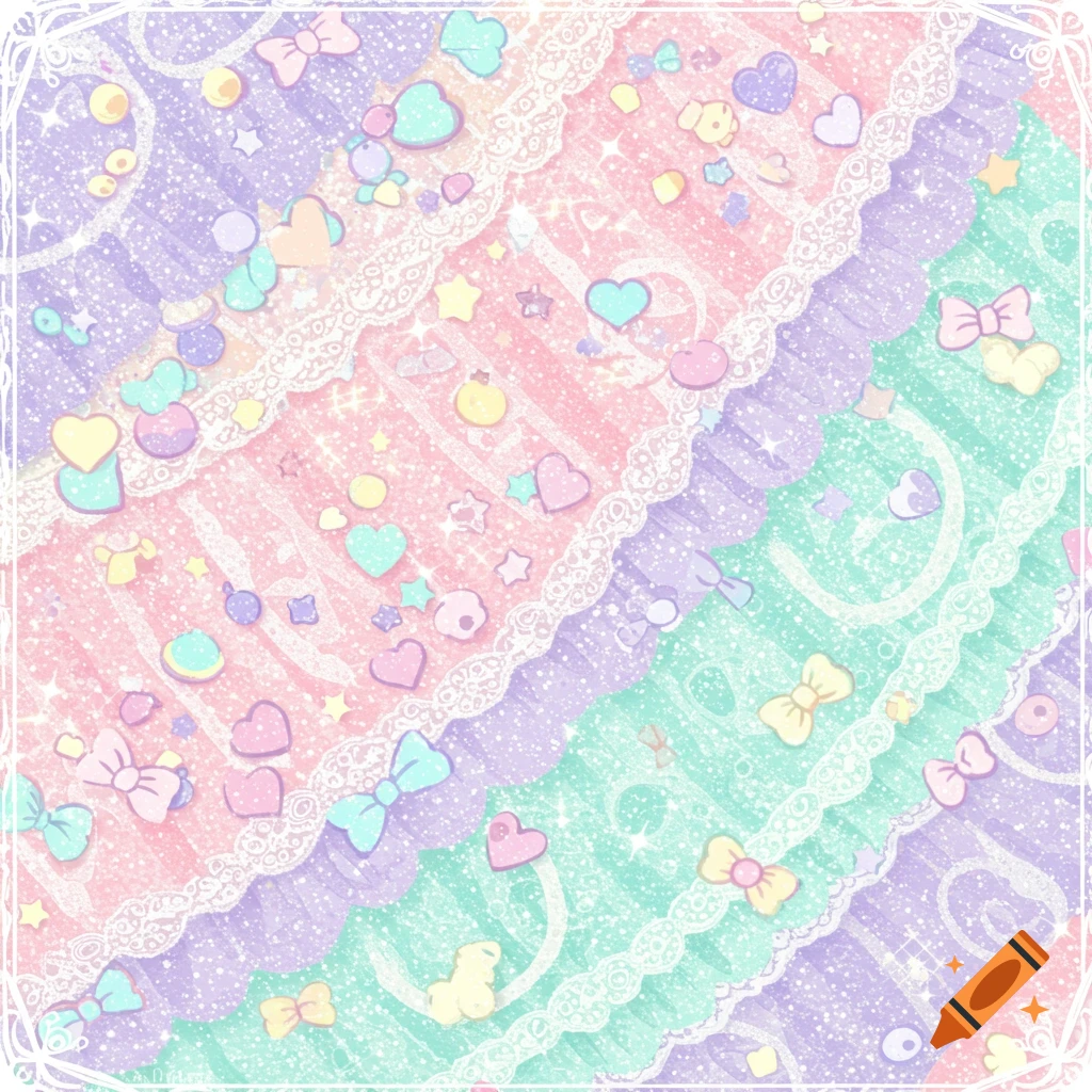 A glittery pastel pattern with ruffled layers, lace, hearts, stars, and bows.