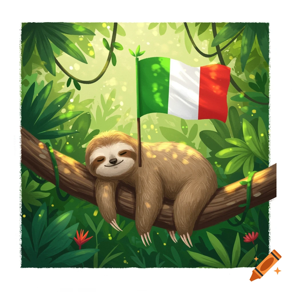 A cute cartoon sloth sleeping on a tree branch in a vibrant jungle, with an Italian flag fluttering nearby.