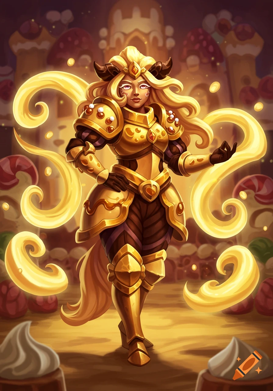 A majestic female warrior in ornate golden armor and horns stands with glowing blonde hair in a candy-themed kingdom background.