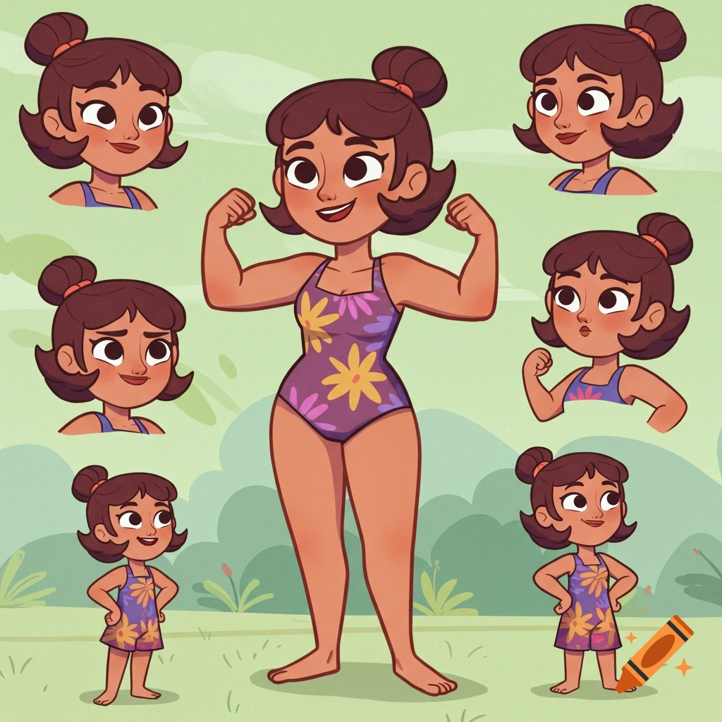 A cartoon model sheet of Alma's mom from PBS Kids, flexing in a purple swimsuit, with various headshots and smaller full-body poses.