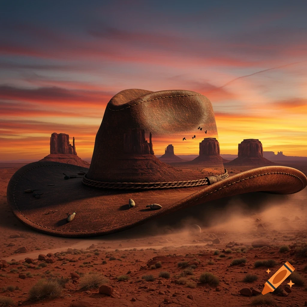 A surreal image of a large brown cowboy hat in a desert at sunset, with Monument Valley rock formations forming its crown.