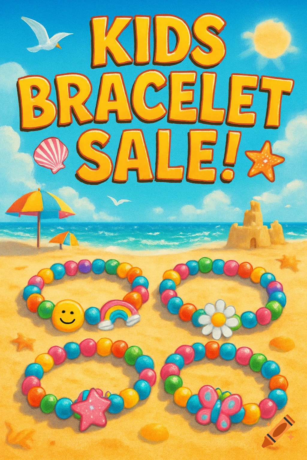 Vibrant illustration of a 'Kids Bracelet Sale!' poster with colorful beaded bracelets on a sunny beach.