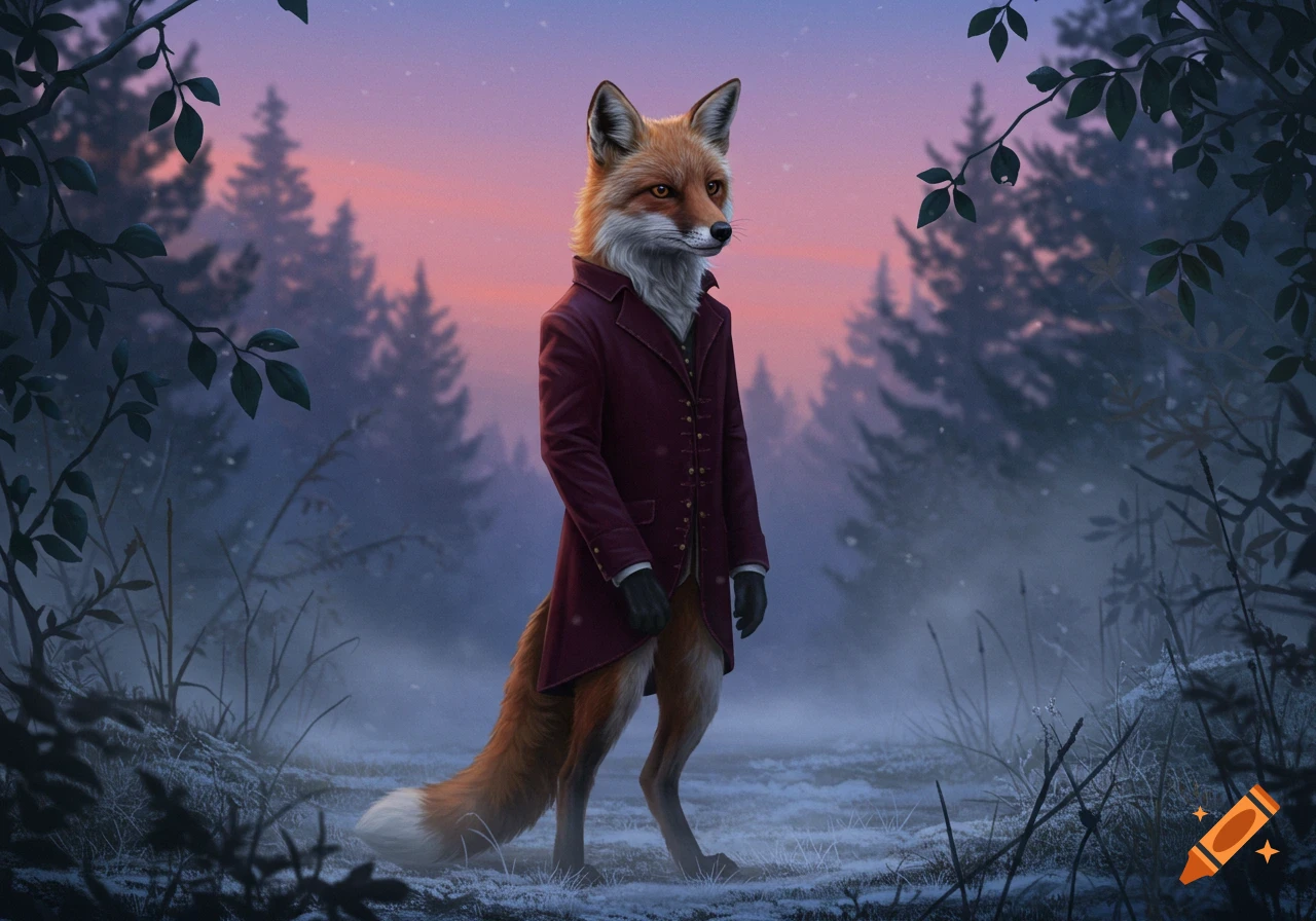 An anthropomorphic fox wearing a maroon coat stands in a snowy forest at dusk, digital art.