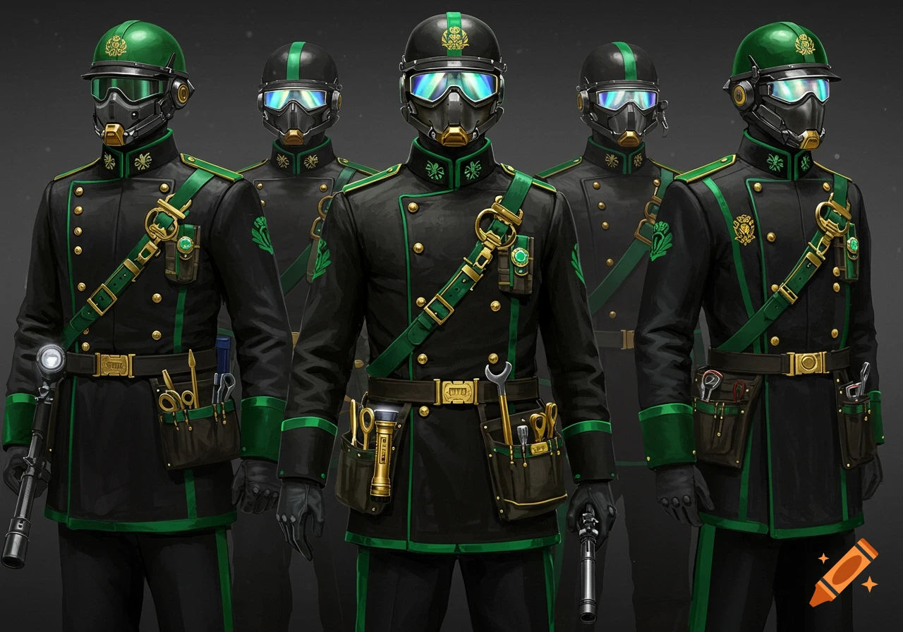 Five figures in black and green futuristic military-style mechanic uniforms with helmets, safety glasses, and jeweled tool belts.