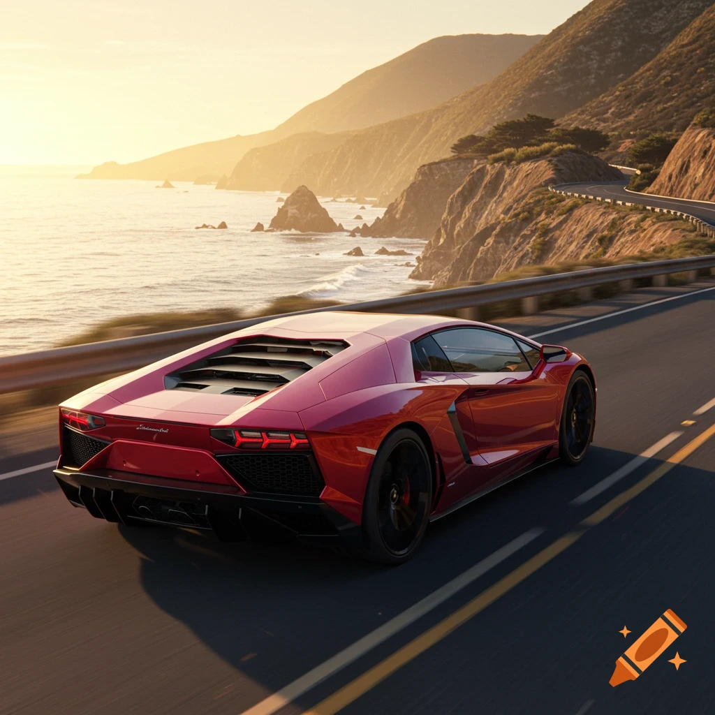 Red Lamborghini sports car driving on a coastal road at sunset, with mountains and ocean in the background.