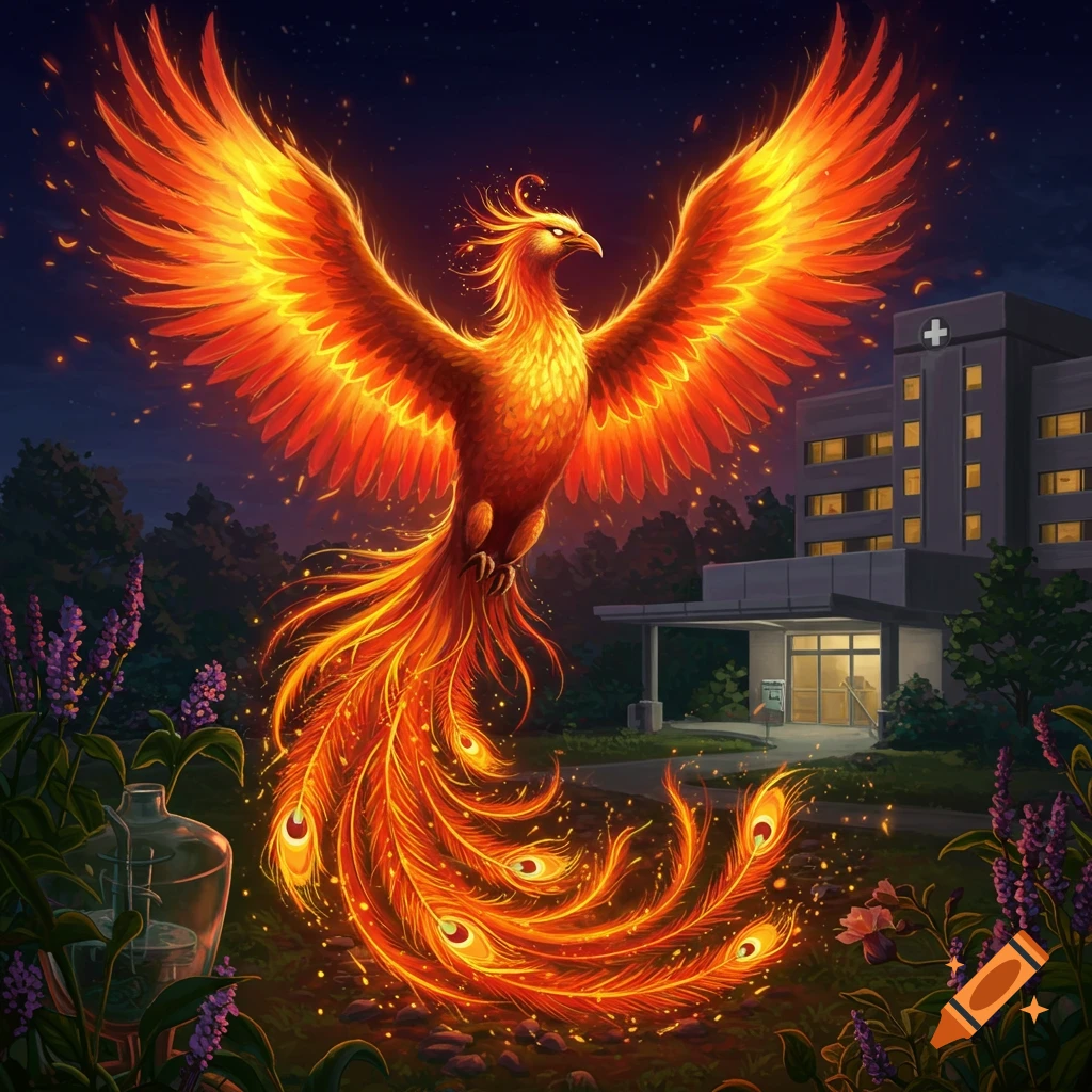 A vibrant, glowing phoenix with fiery wings soars at night in front of a hospital building, with glowing embers around.