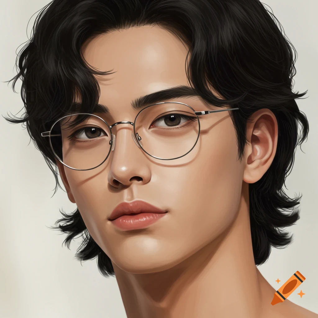 A close-up digital art portrait of a young man with dark wavy hair and round glasses.