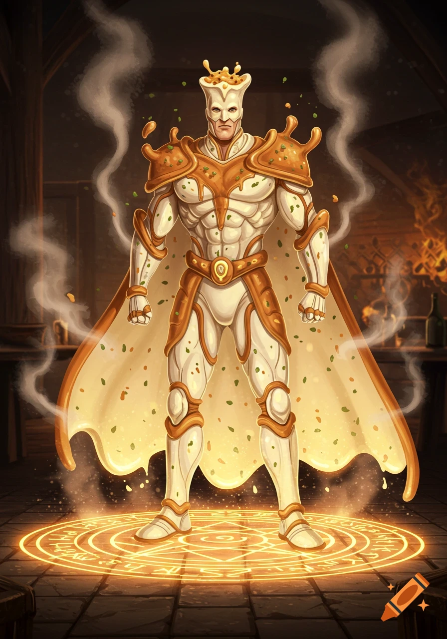 A muscular superhero made of country gravy and wearing golden armor stands on a glowing magical summoning circle in a dark room.