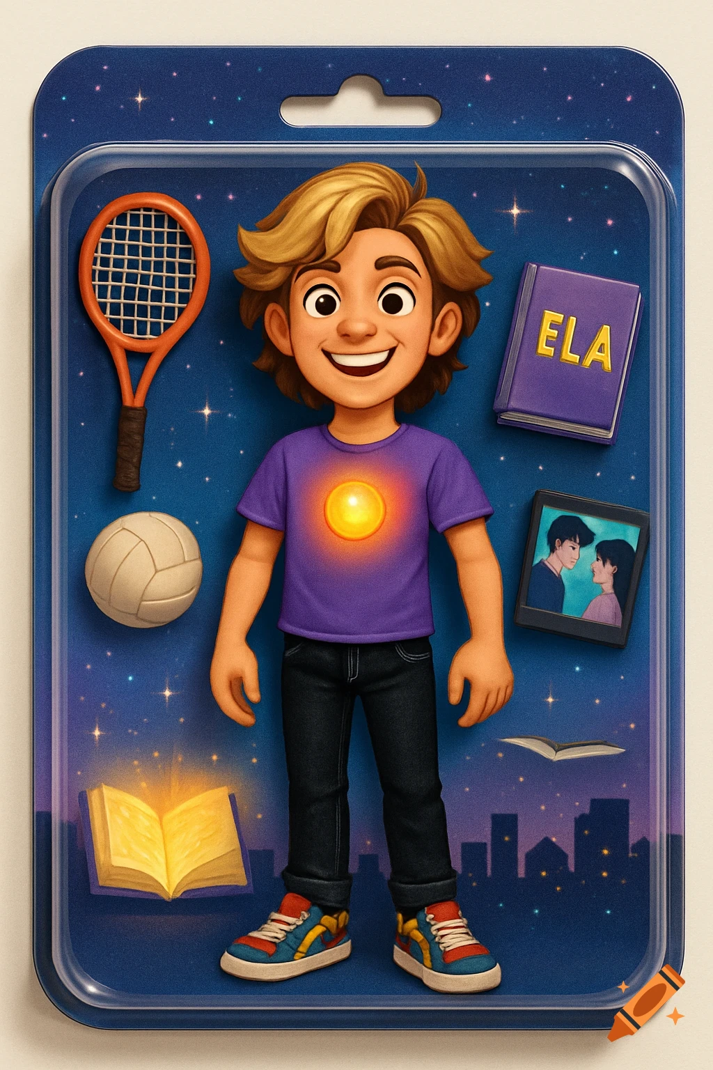 A stylized action figure of a smiling blonde-haired teenager in a purple shirt with a glowing emblem, black jeans, and colorful sneakers, displayed in a toy package with a starry galaxy and city skyline background. Accessories include a tennis racket, volleyball, a book labeled 'ELA', and a tablet.