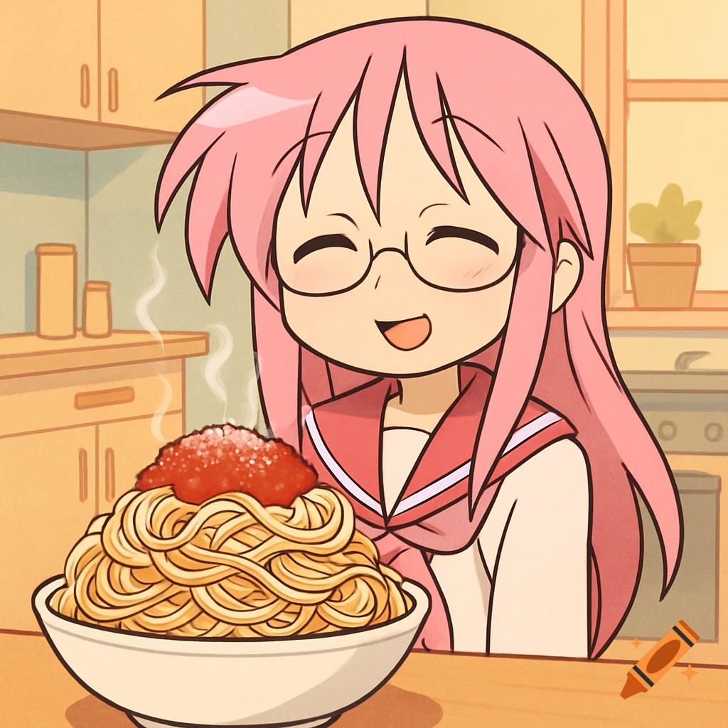 An anime girl with pink hair and glasses, smiling happily at a large bowl of steaming spaghetti with red sauce and cheese.