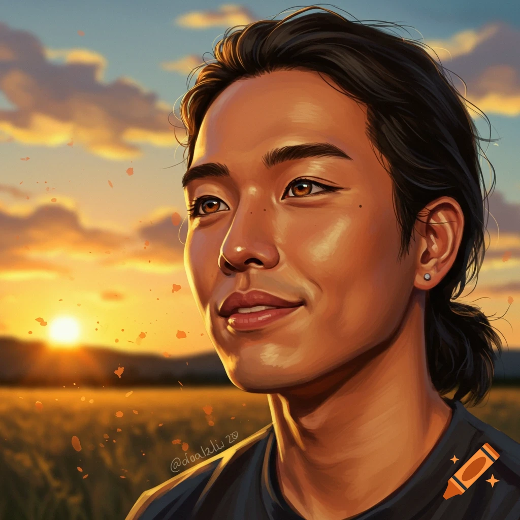 Digital painting of a person with long dark hair gazing at a vibrant sunset over a golden field.
