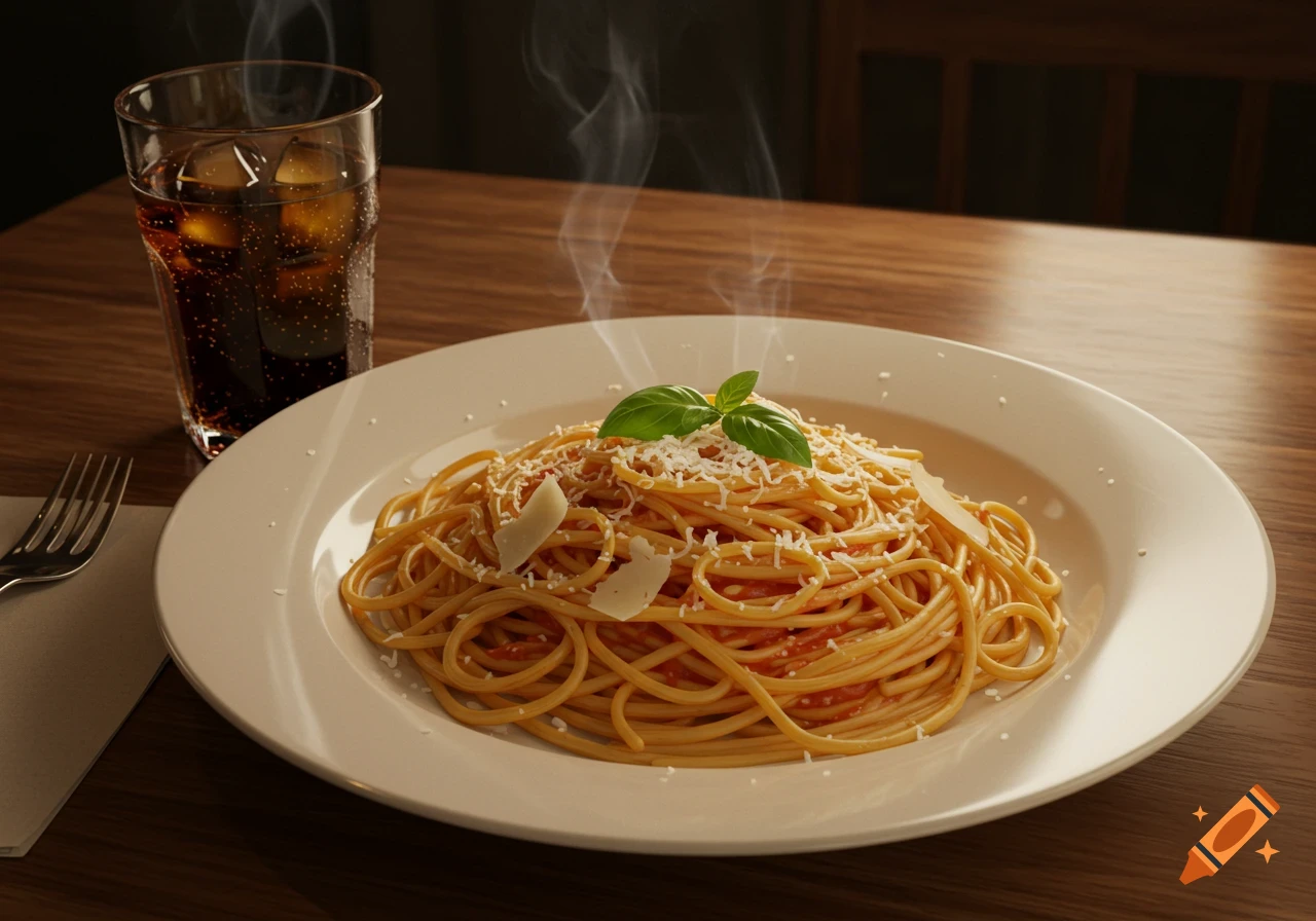 A plate of warm spaghetti with tomato sauce, parmesan cheese, and basil leaves, next to a glass of soda with ice on a wooden table.