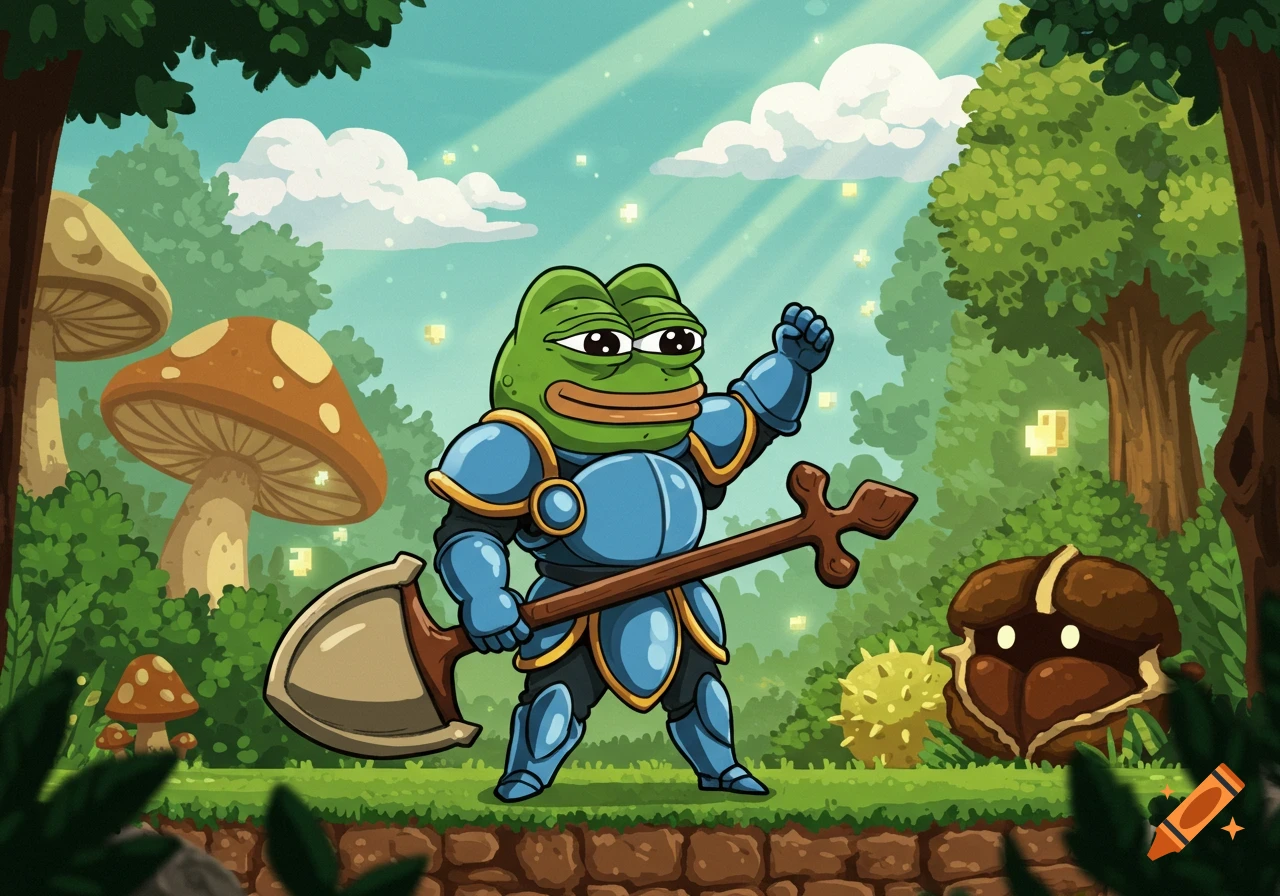 A cartoon Pepe the Frog dressed in blue knight armor holds a large shovel-like weapon in a fantasy forest setting with mushrooms.
