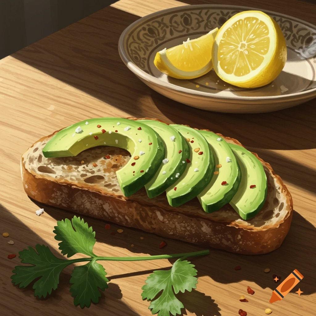 Avocado toast with chili flakes and salt, a sprig of cilantro, and a plate with a whole and half lemon on a wooden table. Sunlight casts shadows.