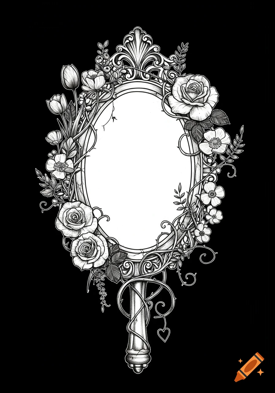Black and white illustration of an ornate oval mirror frame surrounded by detailed flowers and vines, with a small heart.