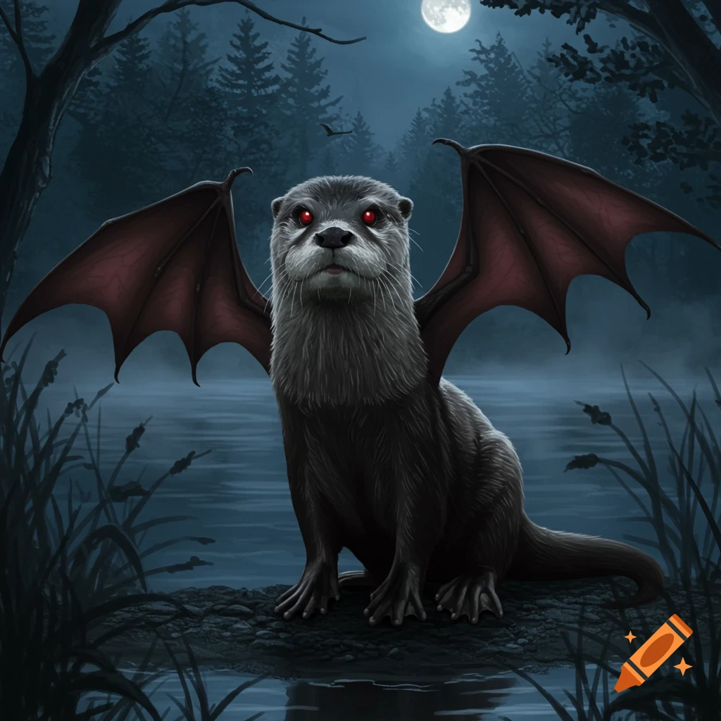 A fantasy illustration of a dark gray otter with large bat wings and glowing red eyes, sitting by a misty pond in a moonlit forest.