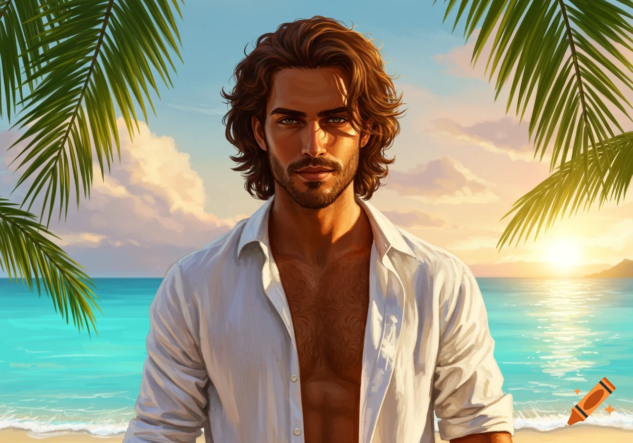 Man with brown hair and open white shirt on a tropical beach at sunset.
