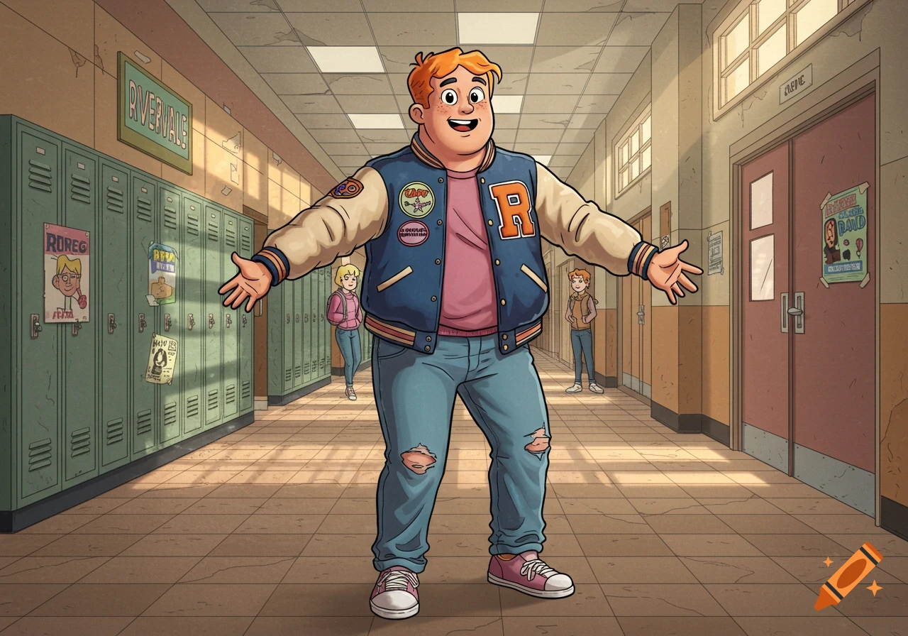 A cheerful cartoon character with red hair, wearing a blue letterman jacket with an 'R' and ripped jeans, stands with open arms in a school hallway.