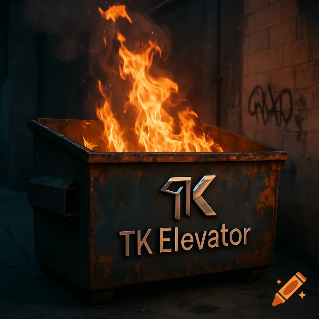 A large dumpster on fire with intense flames rising from it, in a dark alley with 'TK Elevator' text and logo on its side.