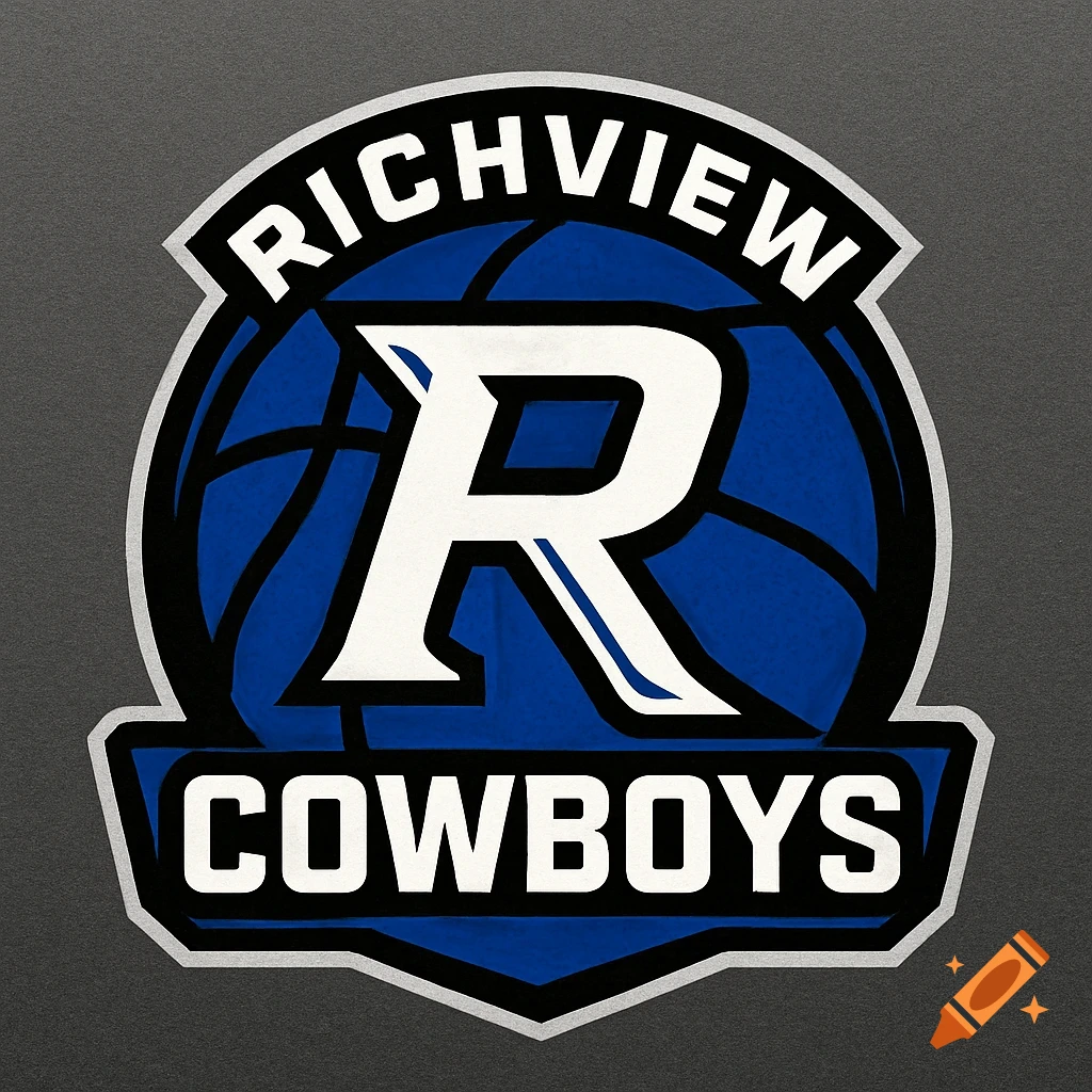 A blue, white, and black basketball logo for the Richview Cowboys, featuring a large 'R' in the center and a basketball pattern.