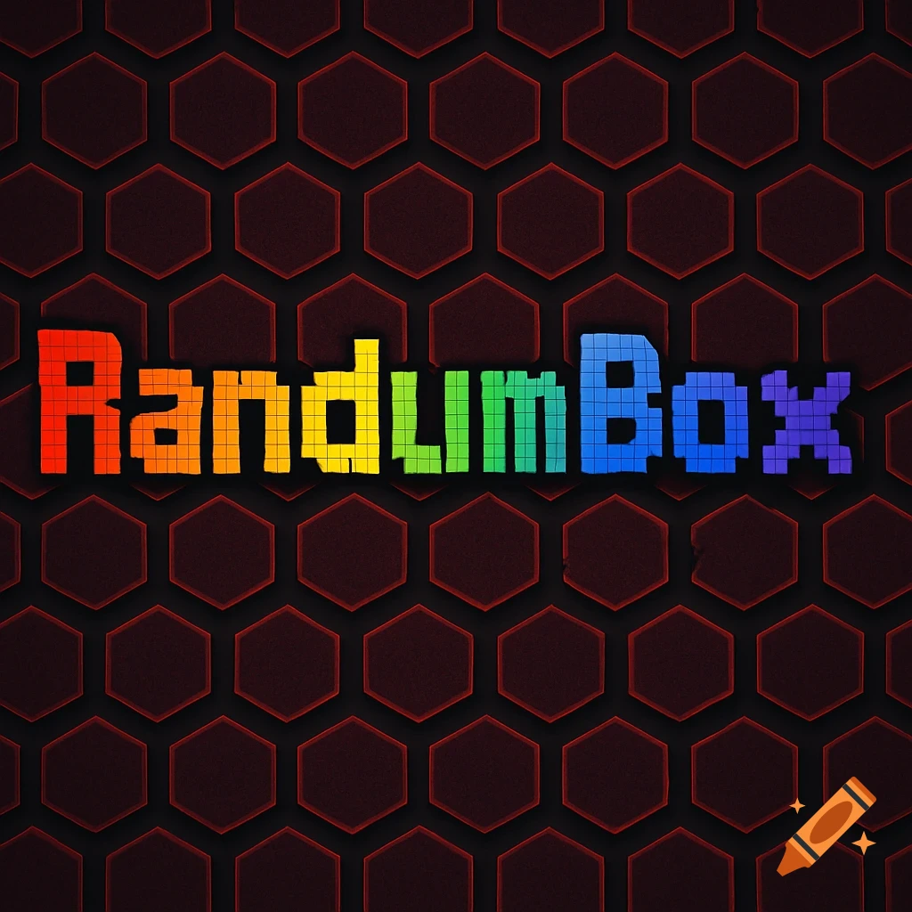 Pixelated rainbow-colored text "RandumBox" over a dark background with red hexagonal patterns.