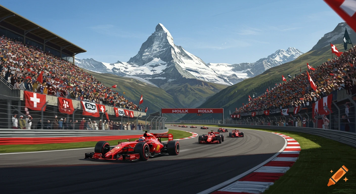 Red F1 cars race on a track in Switzerland, with a snowy mountain and green hills in the background and a cheering crowd in the stands.