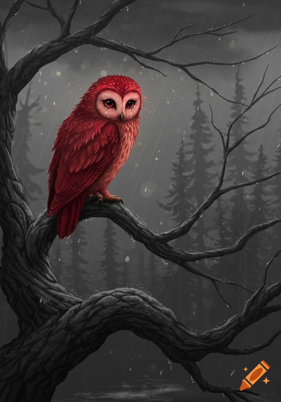 A vibrant red owl with tears in its eyes perches on a dark, gnarled tree branch in a rainy, gloomy forest, illustrated style.