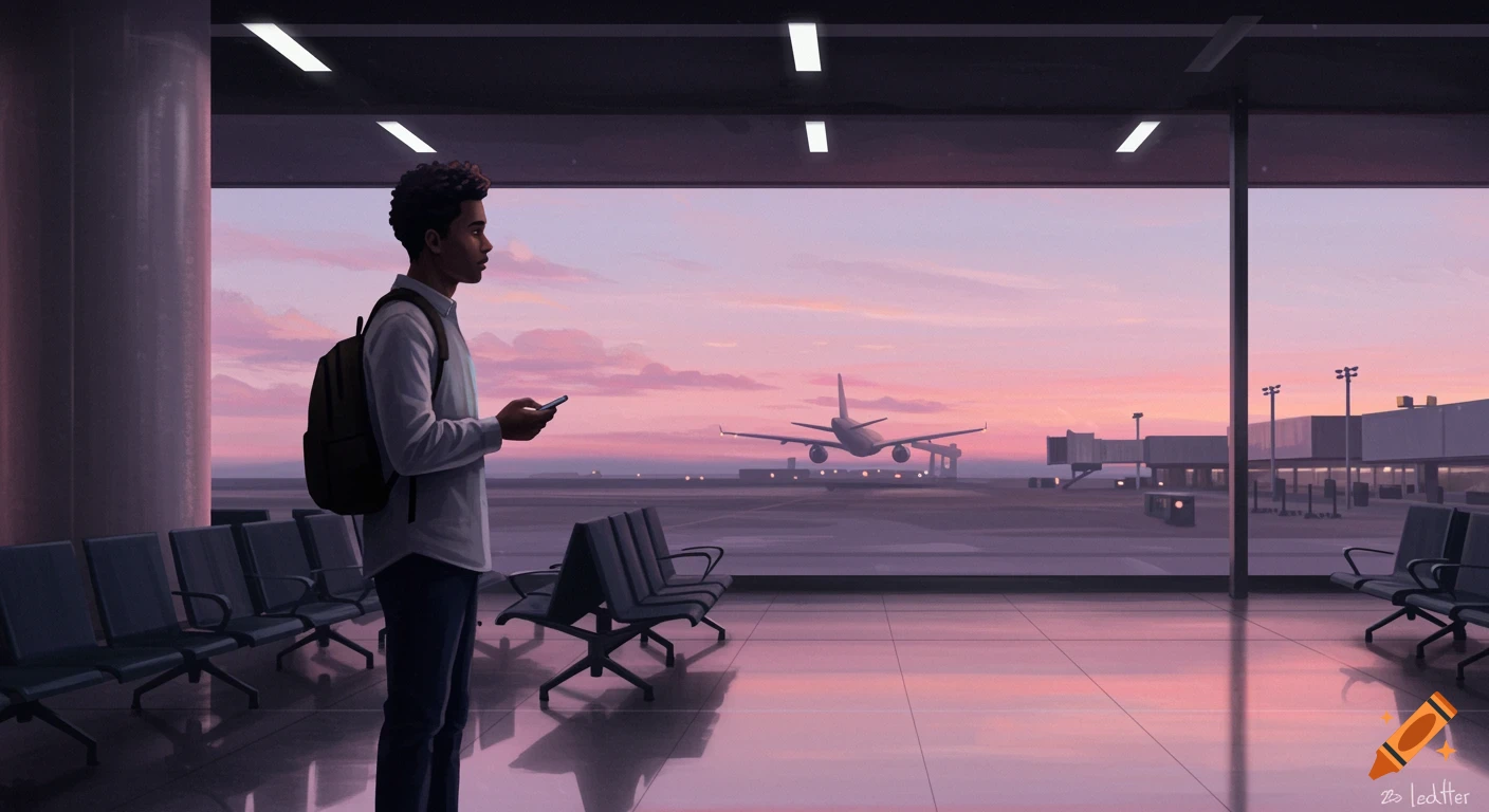 A man with a backpack holds a phone, looking out an airport window at a plane on the runway at sunset.