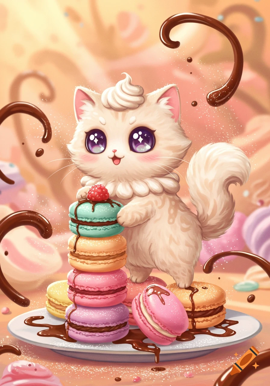 A cute anime-style cat with big eyes stands beside a stack of colorful macarons, surrounded by chocolate drizzles and other desserts.