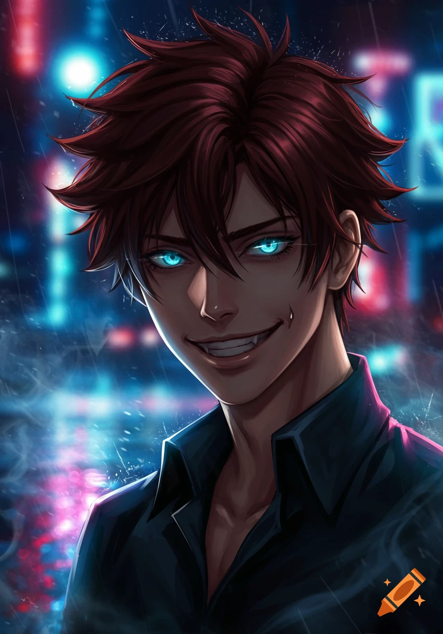 Anime character with red hair, glowing blue eyes, and fangs, smirking against a blurred city night background.