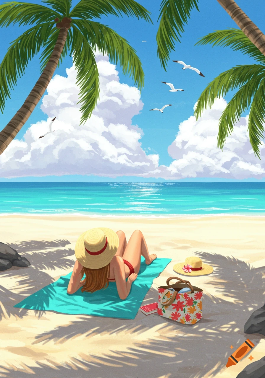 A stylized illustration shows a woman in a sun hat tanning on a beach towel by the ocean, with palm trees and seagulls.