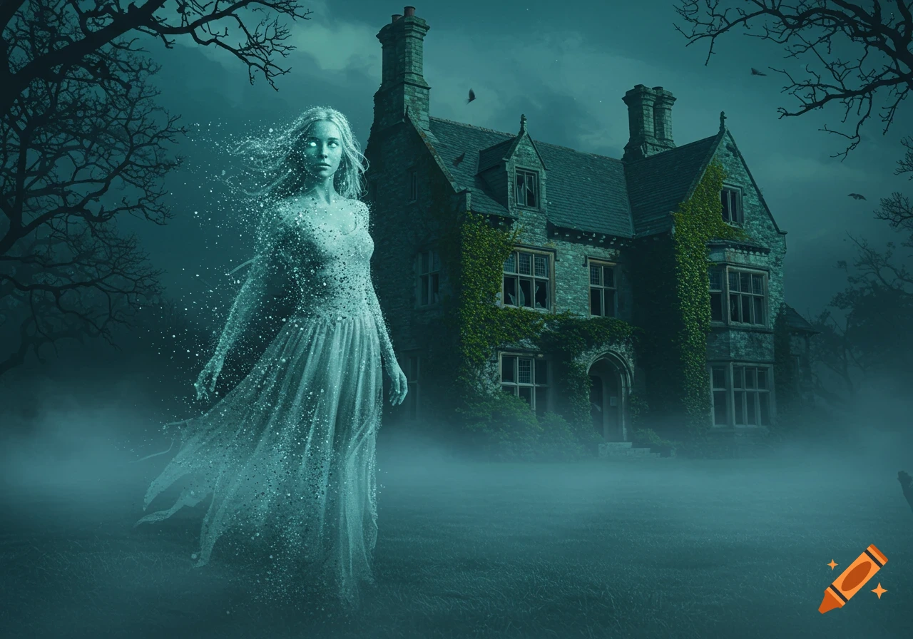 A spectral female ghost with glowing eyes vaporizes into particles while standing in front of an old, ivy-covered manor house under a dark, misty sky.