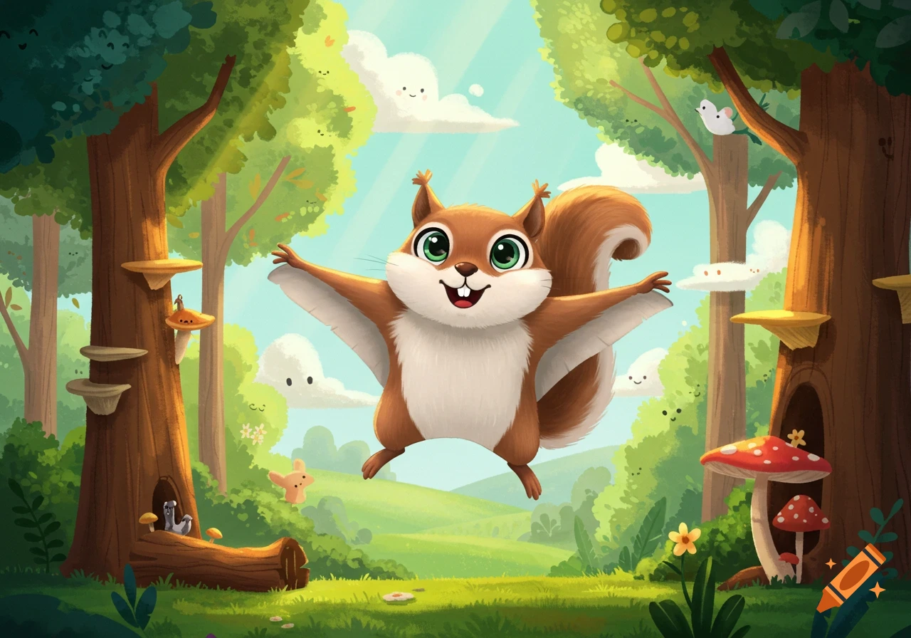 A happy, cartoon flying squirrel with big green eyes glides through a bright, whimsical forest filled with trees, mushrooms, and smiling clouds.
