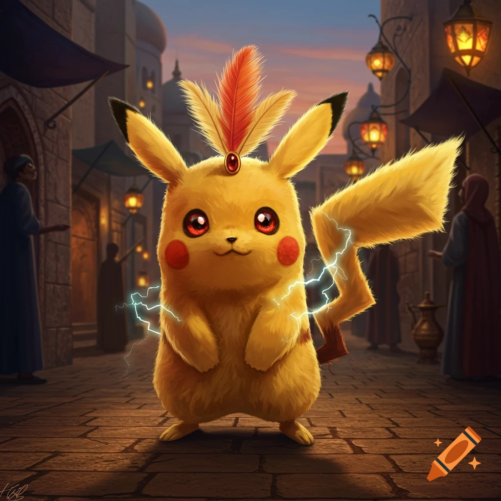 Pikachu wearing a red feather headdress with glowing lightning, standing on a cobblestone street in an ancient Arabian city.