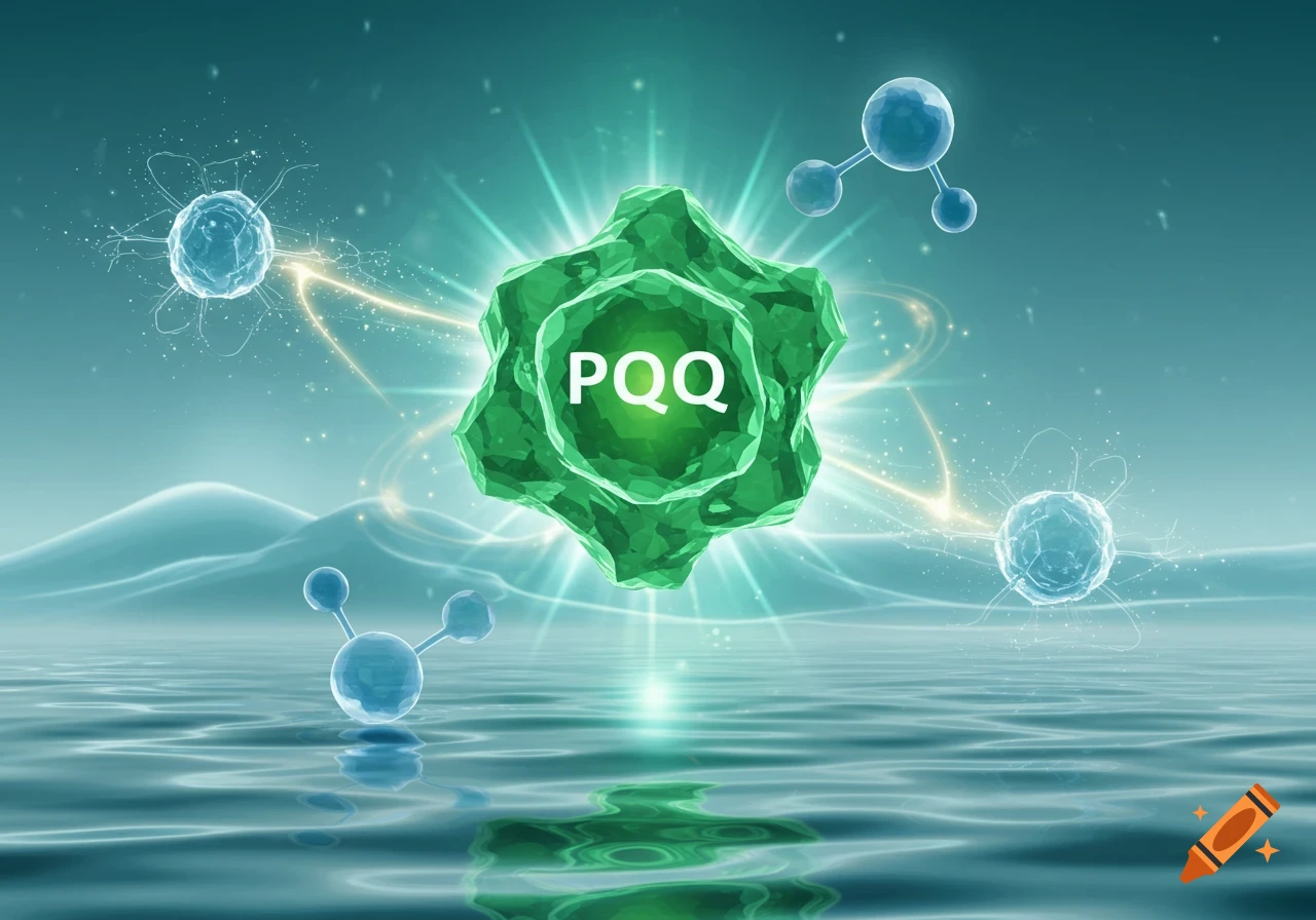 Abstract scientific illustration of a glowing green crystalline PQQ molecule with light rays, surrounded by blue molecular structures in water.