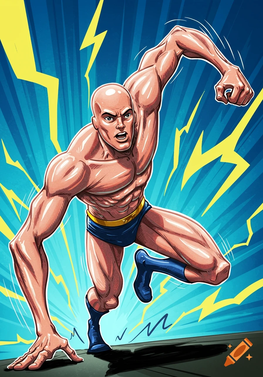 A muscular, bald superhero in blue briefs and boots crouches in a dynamic pose against a blue background with yellow lightning bolts, in a comic art style.
