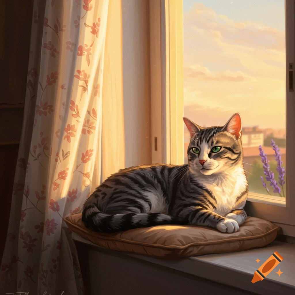 A tabby cat with green eyes lies on a cushion on a sunlit window sill, looking out at a city at sunset in a painted style.