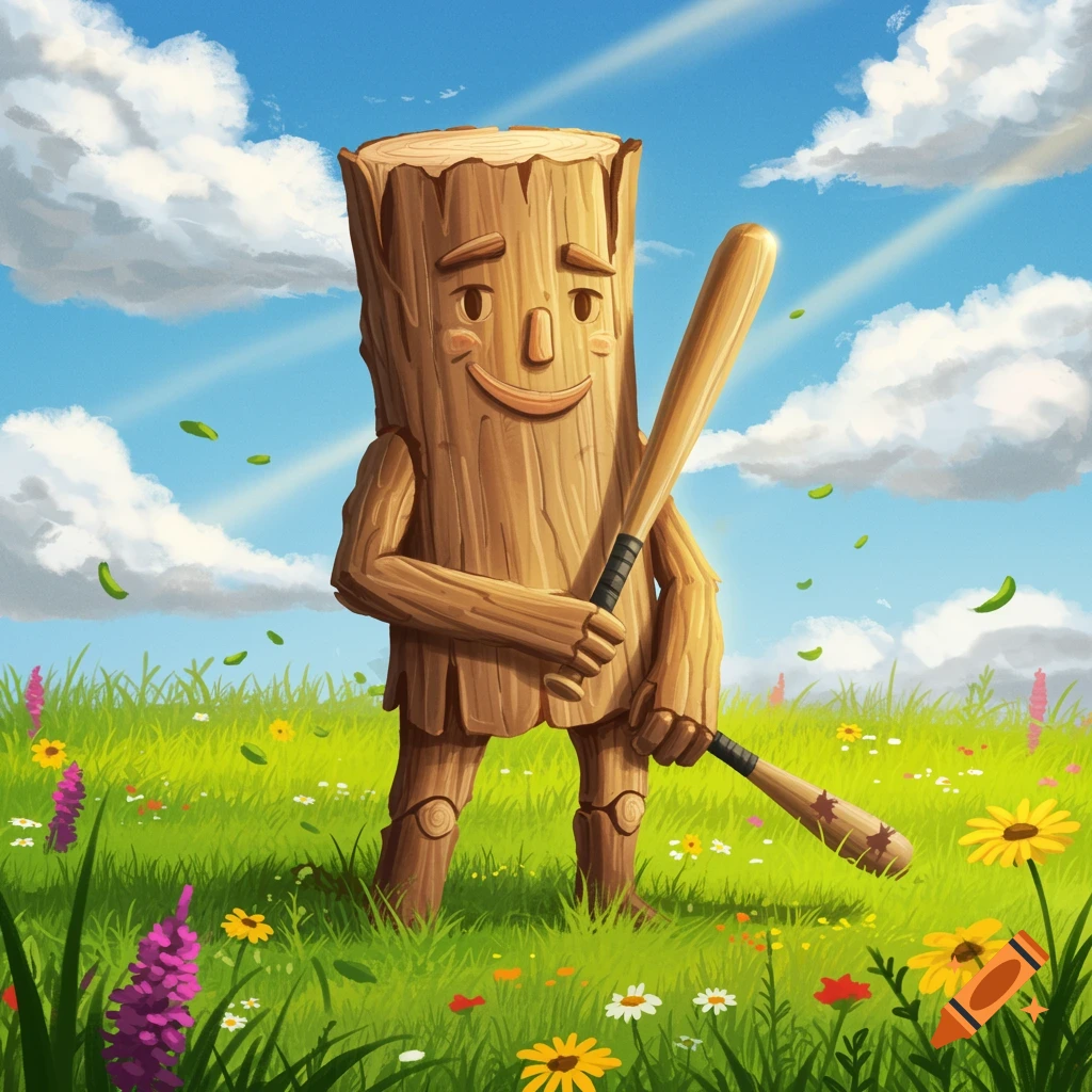 A smiling wooden log character with arms and legs stands in a sunny field of green grass and colorful wildflowers, holding a baseball bat.