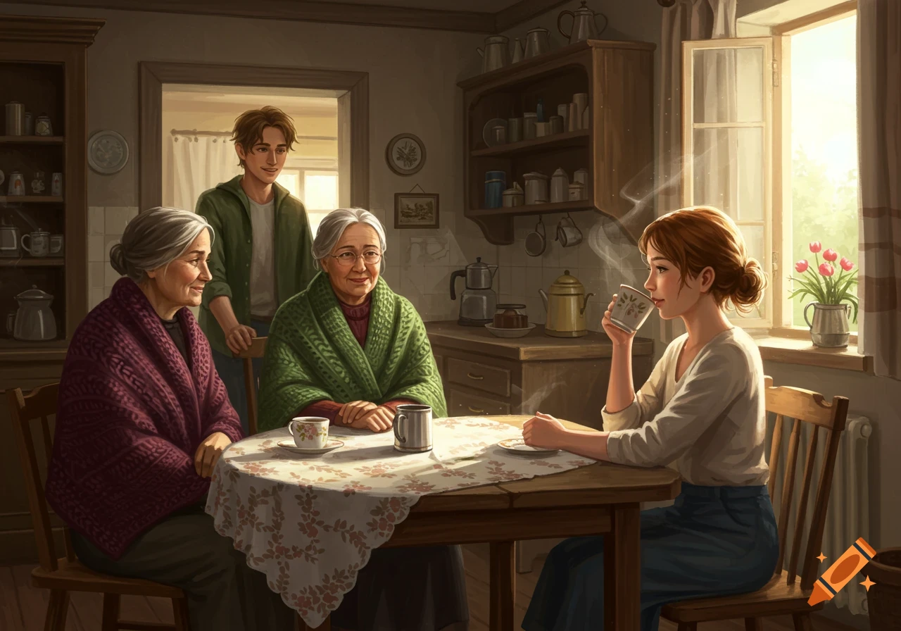 An illustration of a young woman drinking coffee at a kitchen table with two older women and a young man nearby.