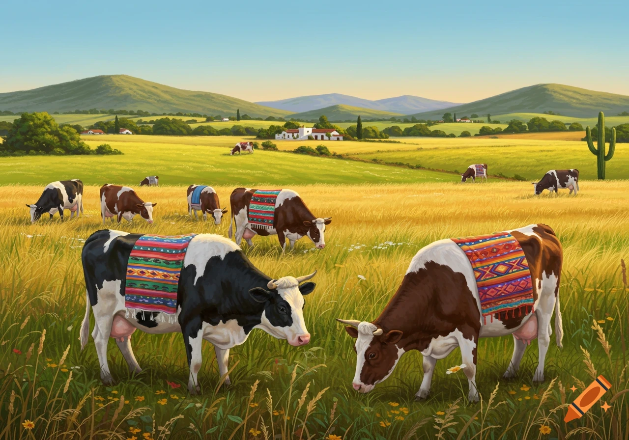 Several cows wearing colorful patterned blankets graze in a sunny green and golden field with rolling hills and a blue sky in the background.