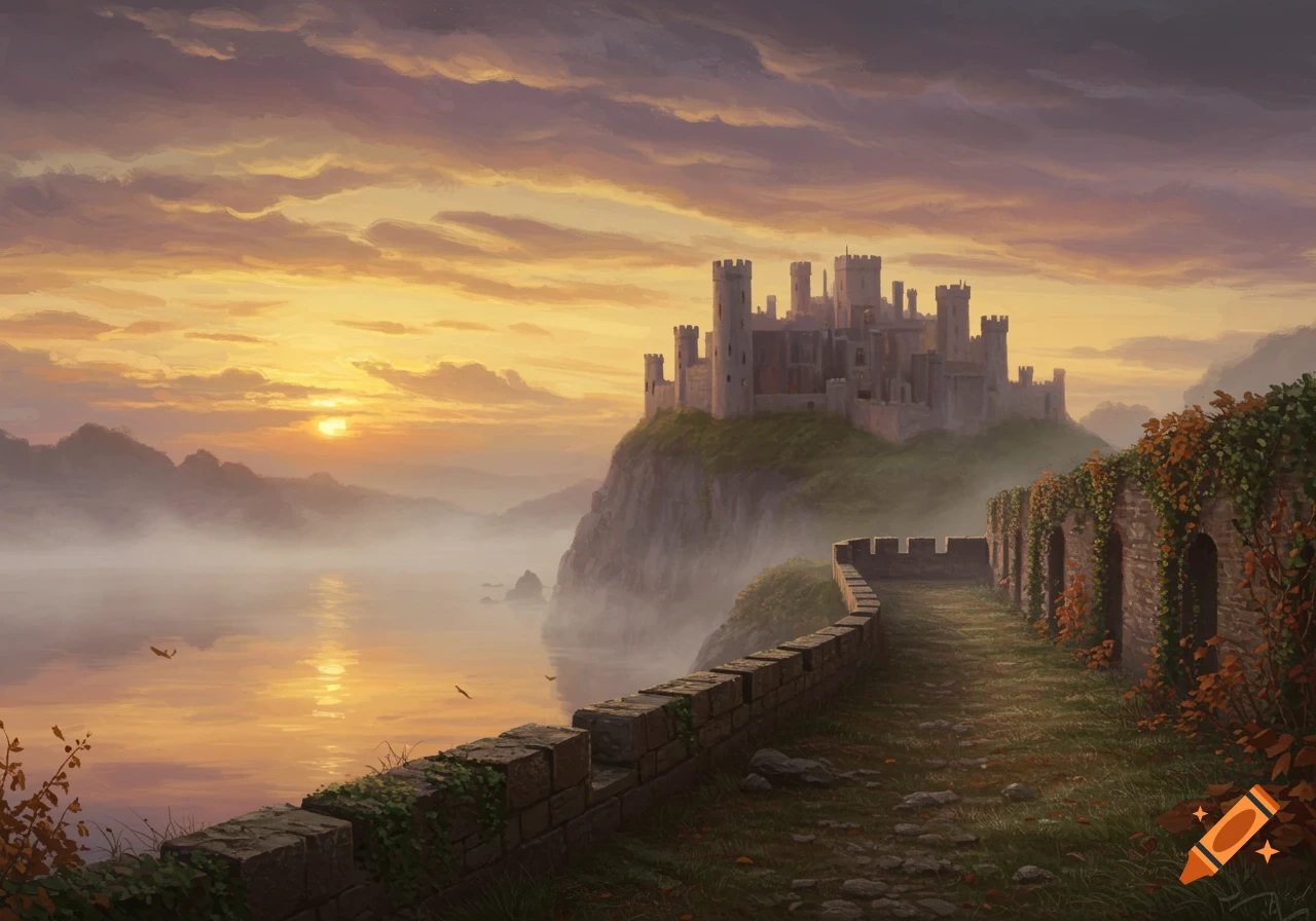 A majestic castle on a cliff overlooking a misty lake at sunset, with a winding stone wall in the foreground, in a painterly style.