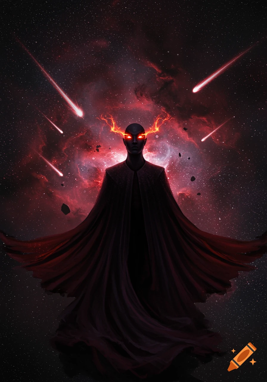 A dark, cloaked figure with glowing red eyes and fiery horns stands in outer space amidst a red nebula and shooting stars.